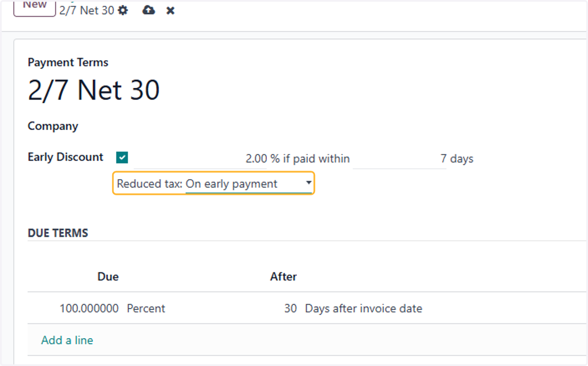Select "On early payment" for Reduced tax if it applies. Otherwise set to Never