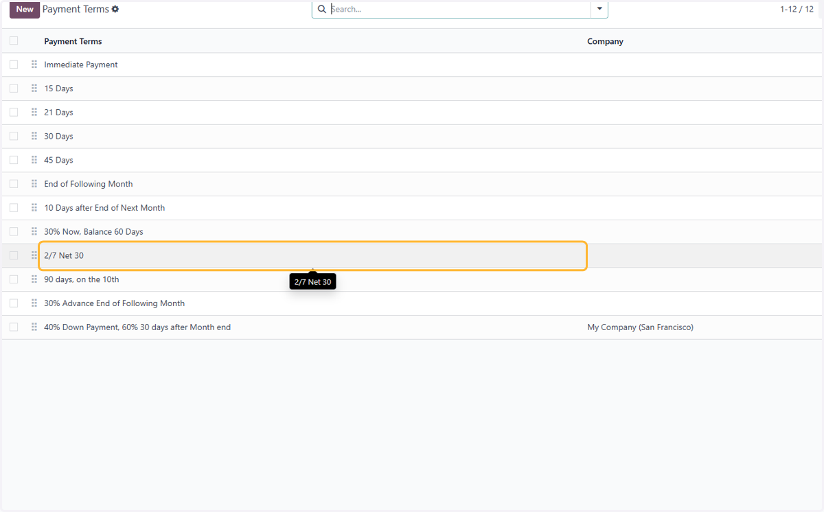 Select relevant Payment terms. For example, select 2/7 Net 30