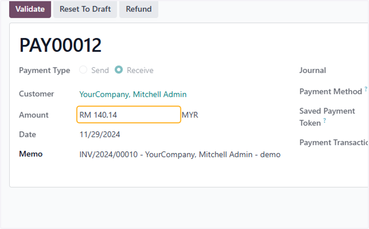 Payment recorded is RM 140.14 & to be reconciled at bank