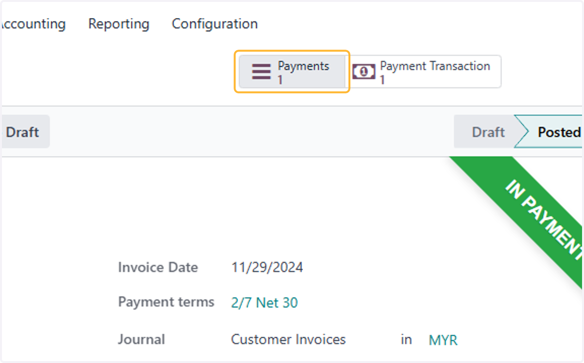 Once paid, go back to the invoice & click on Payments
