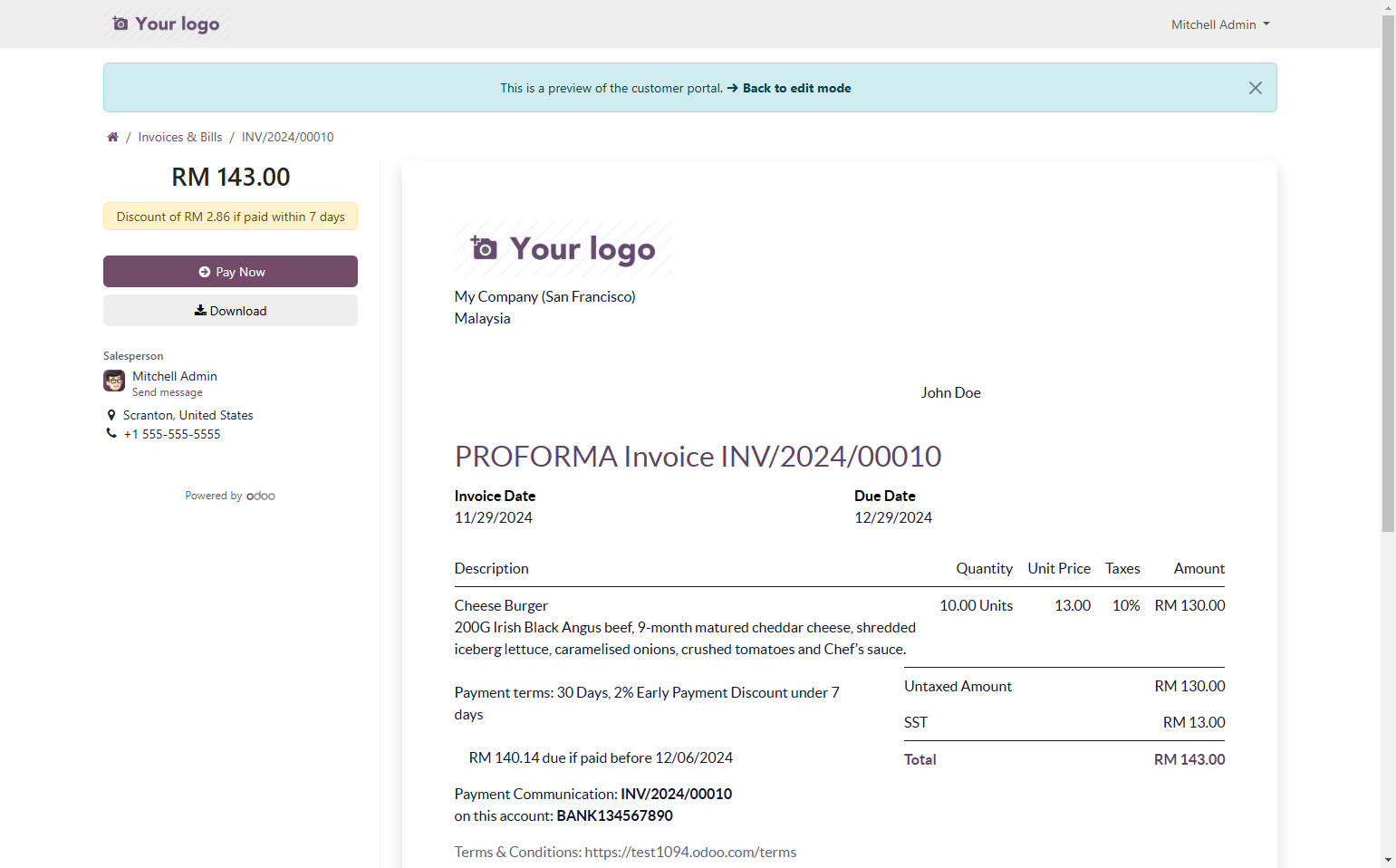 Payment terms: 30 Days, 2% Early Payment Discount under 7 days will be shown in the invoice