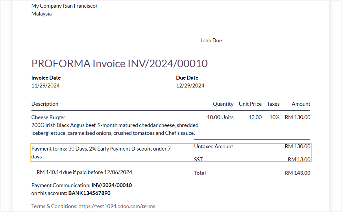 Payment terms: 30 Days, 2% Early Payment Discount under 7 days will be shown in the invoice