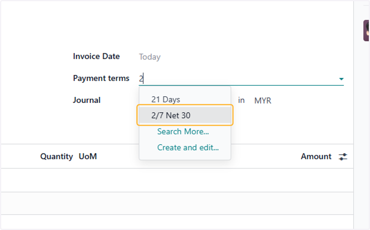 Select relevant payment terms with cash discount. For example, 2/7 Net 30