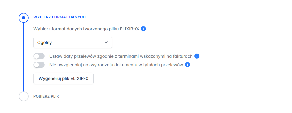 Kliknij przycisk 'Wygeneruj plik ELIXIR-0', by system przetworzył faktury na plik we właściwym formacie.