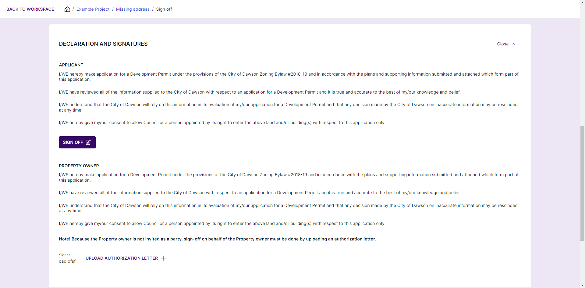 Review the declarations then click SIGN OFF