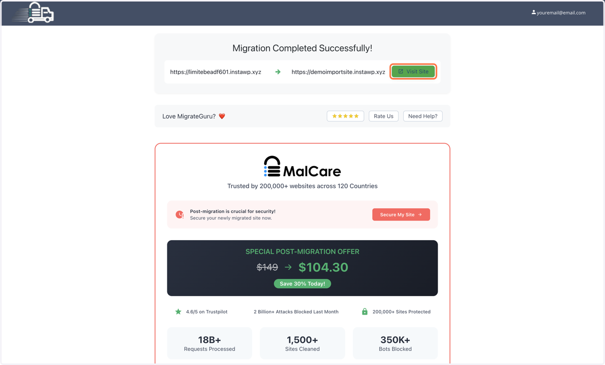 Once the migration is complete, you can click on Visit Site, or simply refresh your new site, and the migration should be complete.