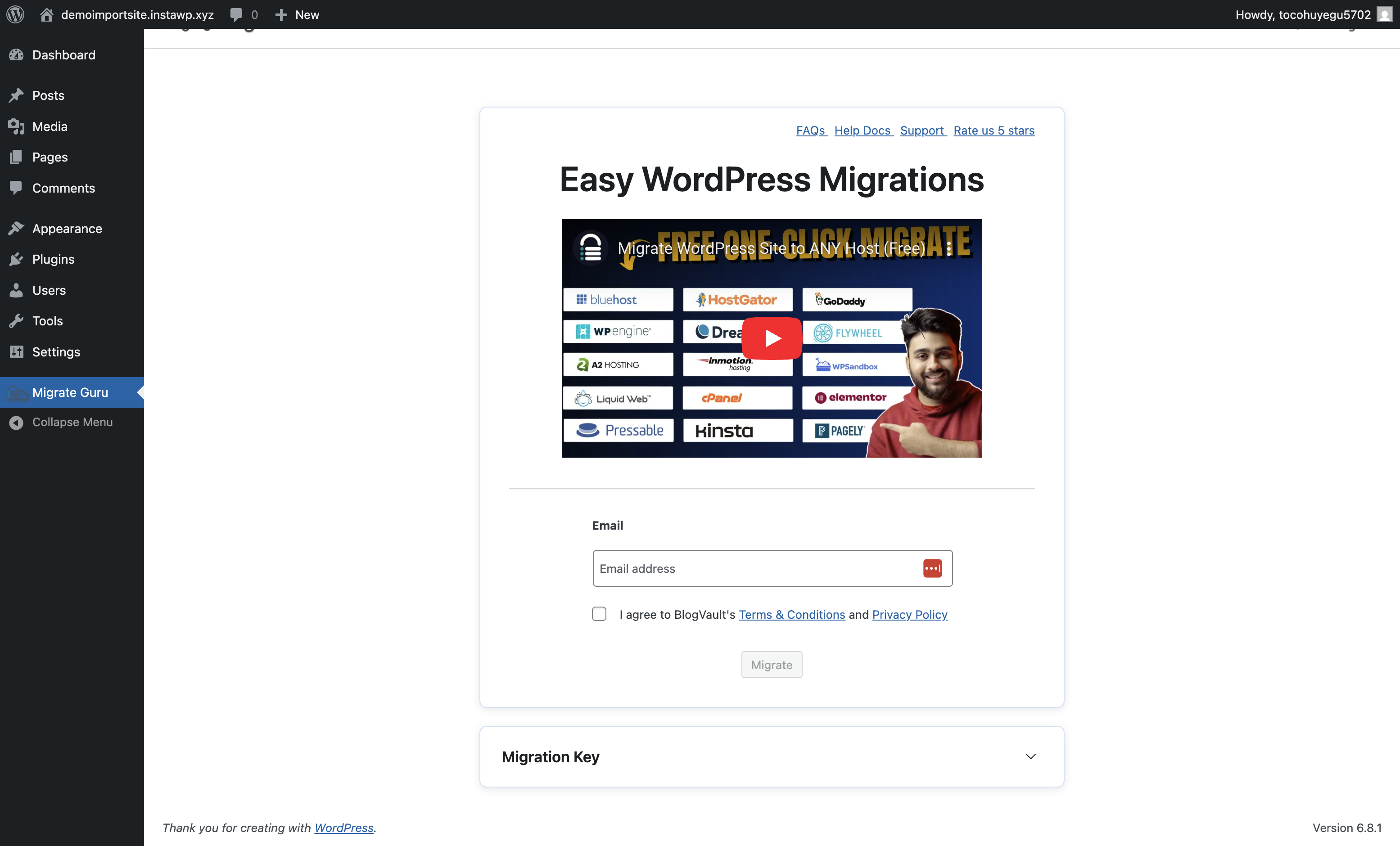 Click on the expand button on the right of "Migration Key"
