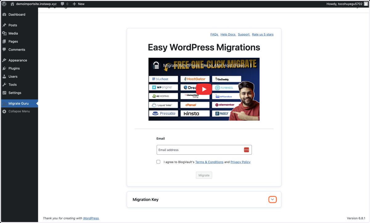 Click on the expand button on the right of "Migration Key"