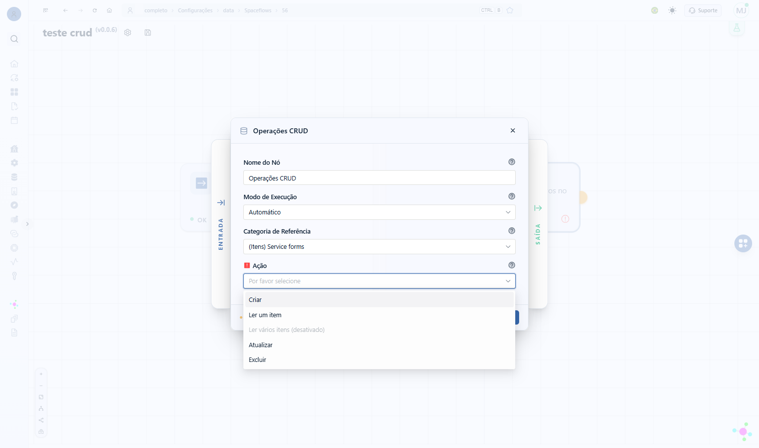 Neste exemplo, nossa ação será Criar