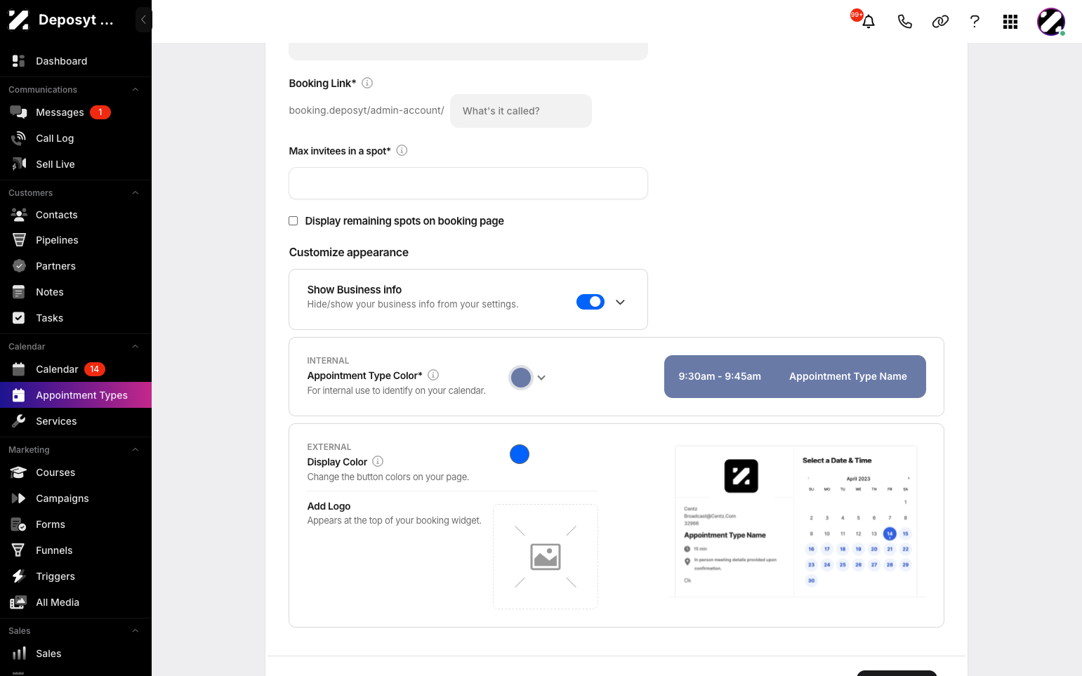 Step 5: Add an optional booking link, or leave it blank to automatically generate one. Set the maximum number of invitees per slot, and choose whether to display the remaining spots on the booking page.