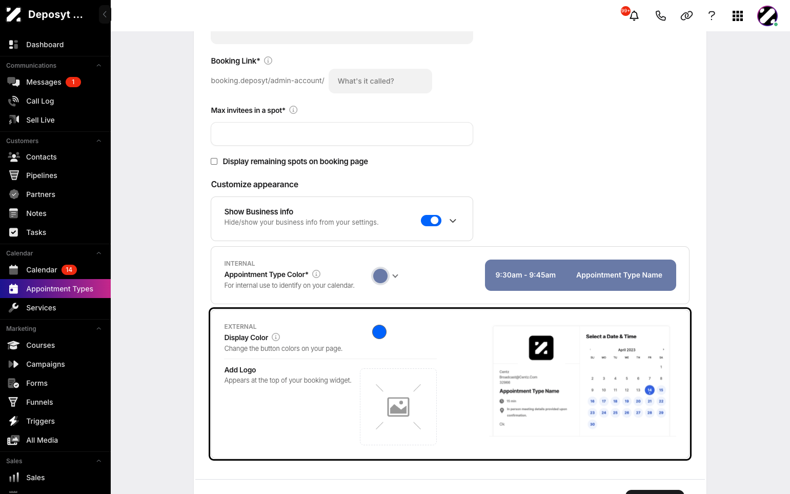 Step 5: Add an optional booking link, or leave it blank to automatically generate one. Set the maximum number of invitees per slot, and choose whether to display the remaining spots on the booking page.