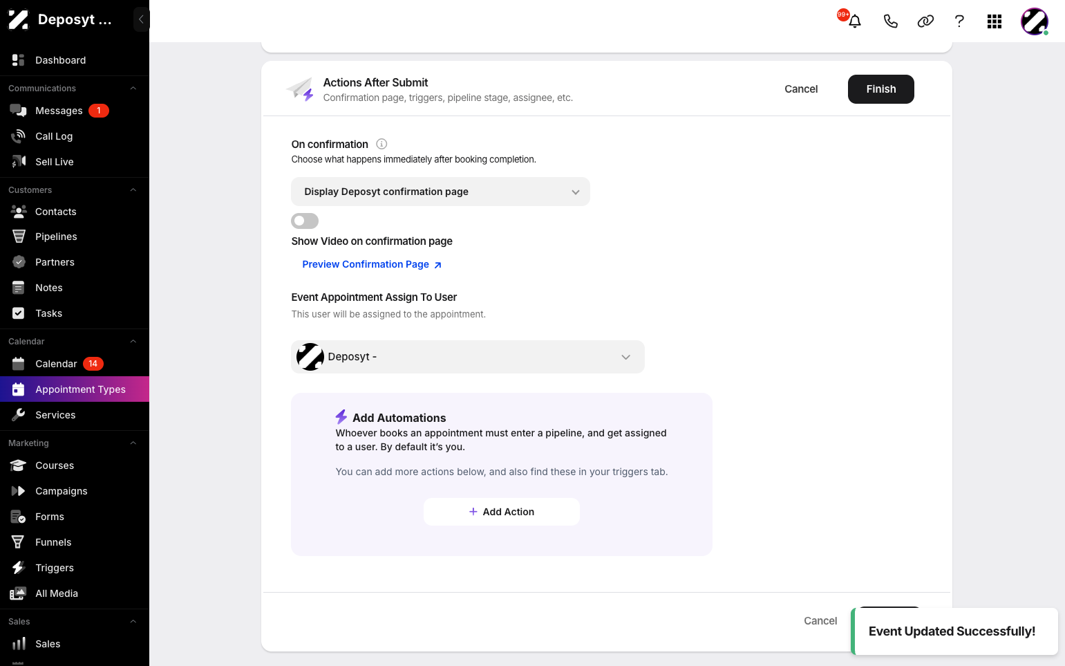Step 11: Customize actions after submission by choosing what happens immediately after booking completion, such as showing a video on the confirmation page, assigning to a user, or adding automations. When done, click Finish to finalize your Group appointment type.