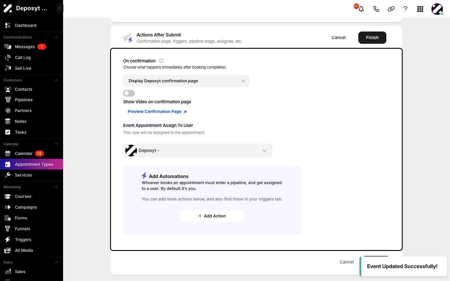 Step 11: Customize actions after submission by choosing what happens immediately after booking completion, such as showing a video on the confirmation page, assigning to a user, or adding automations. When done, click Finish to finalize your Group appointment type.