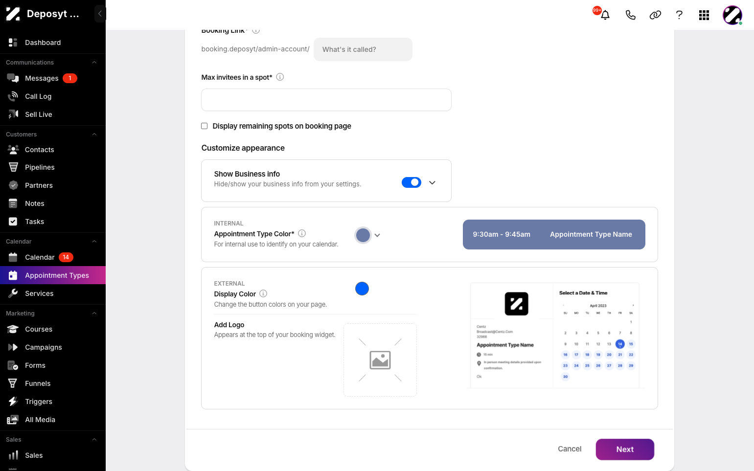 Step 6: You can customize the appearance by showing or hiding business info in the settings, setting the appointment type color and display color, and adding a logo. When done, click Next.