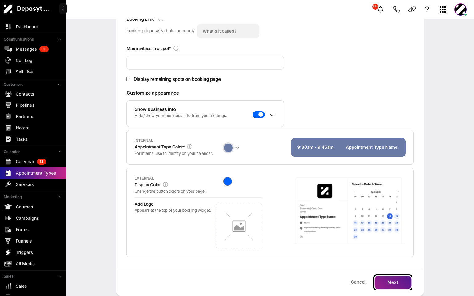 Step 6: You can customize the appearance by showing or hiding business info in the settings, setting the appointment type color and display color, and adding a logo. When done, click Next.
