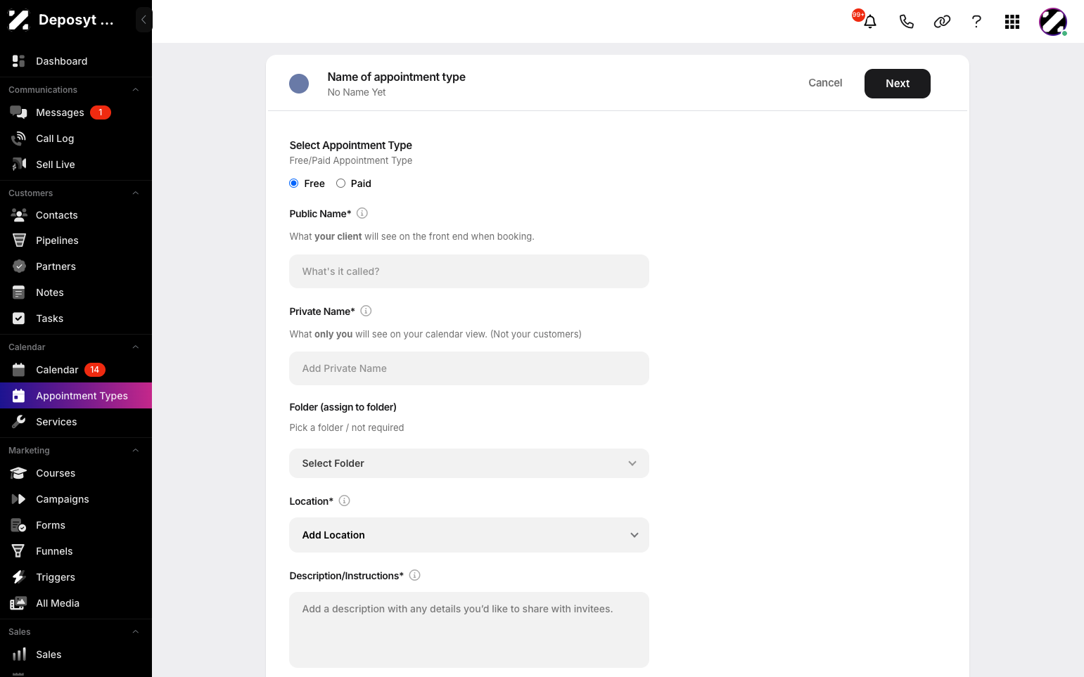 Step 4: Fill in the details, including whether the appointment type is free or paid, creating a public name and private name, assigning it to a folder, setting the location, and adding a description.