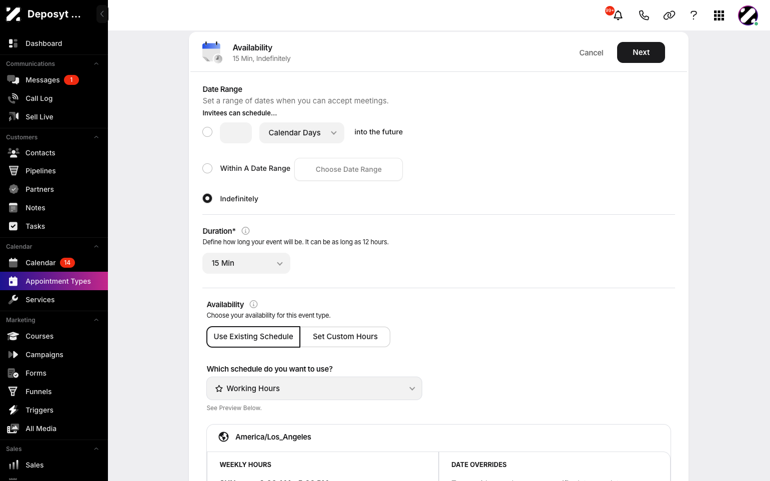Step 7: Now you can customize your availability by setting a date range, event duration, and choosing your availability, either by using your existing schedule or setting custom hours.