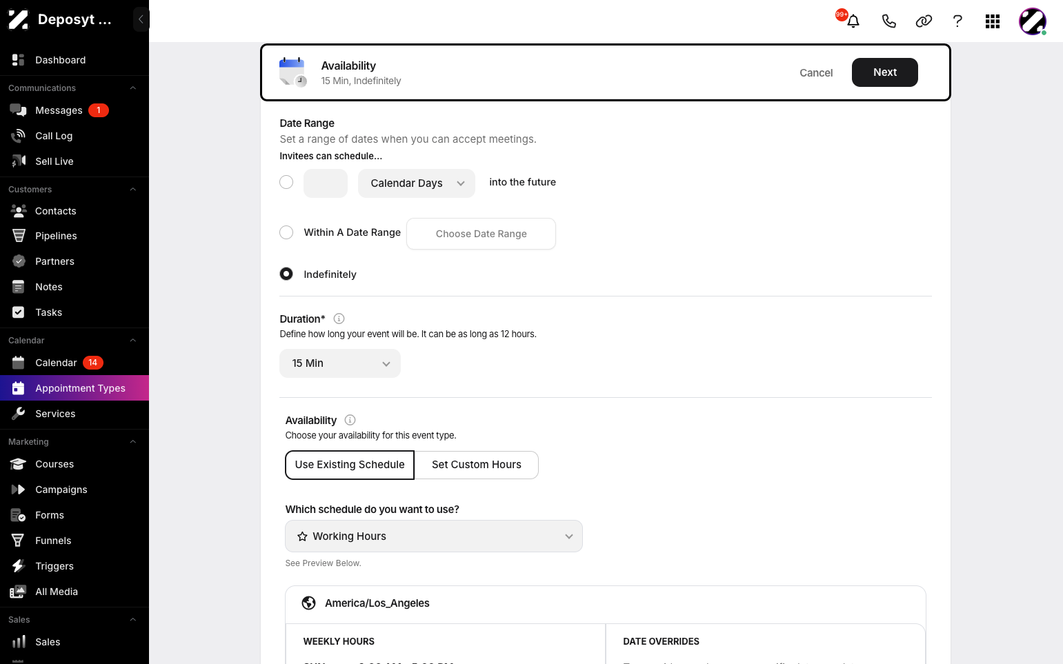 Step 7: Now you can customize your availability by setting a date range, event duration, and choosing your availability, either by using your existing schedule or setting custom hours.