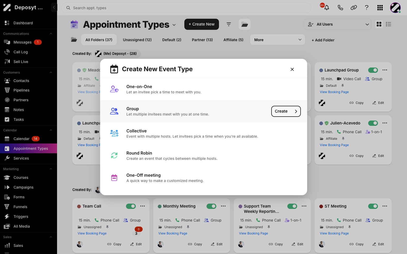 Step 3: Select the Group event type. This allows multiple invitees meet with you at one time. Then, click the Create button.