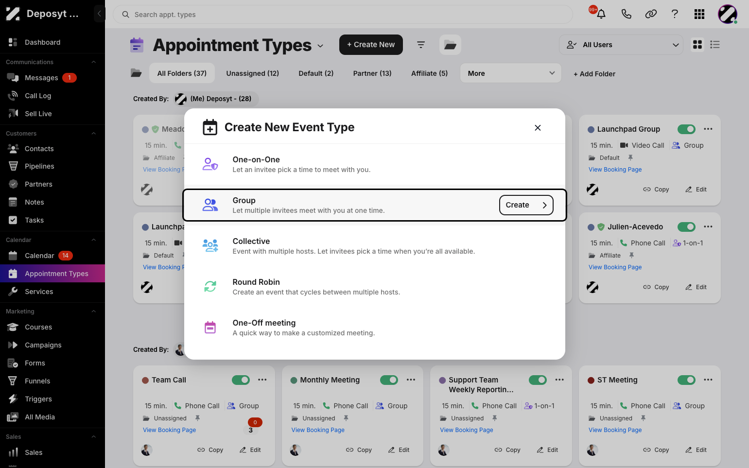 Step 3: Select the Group event type. This allows multiple invitees meet with you at one time. Then, click the Create button.