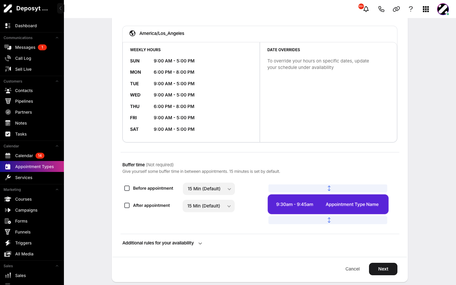 Step 8: Continue by setting a buffer time before or after the appointment. You can also add additional rules for your availability. When done, click Next.