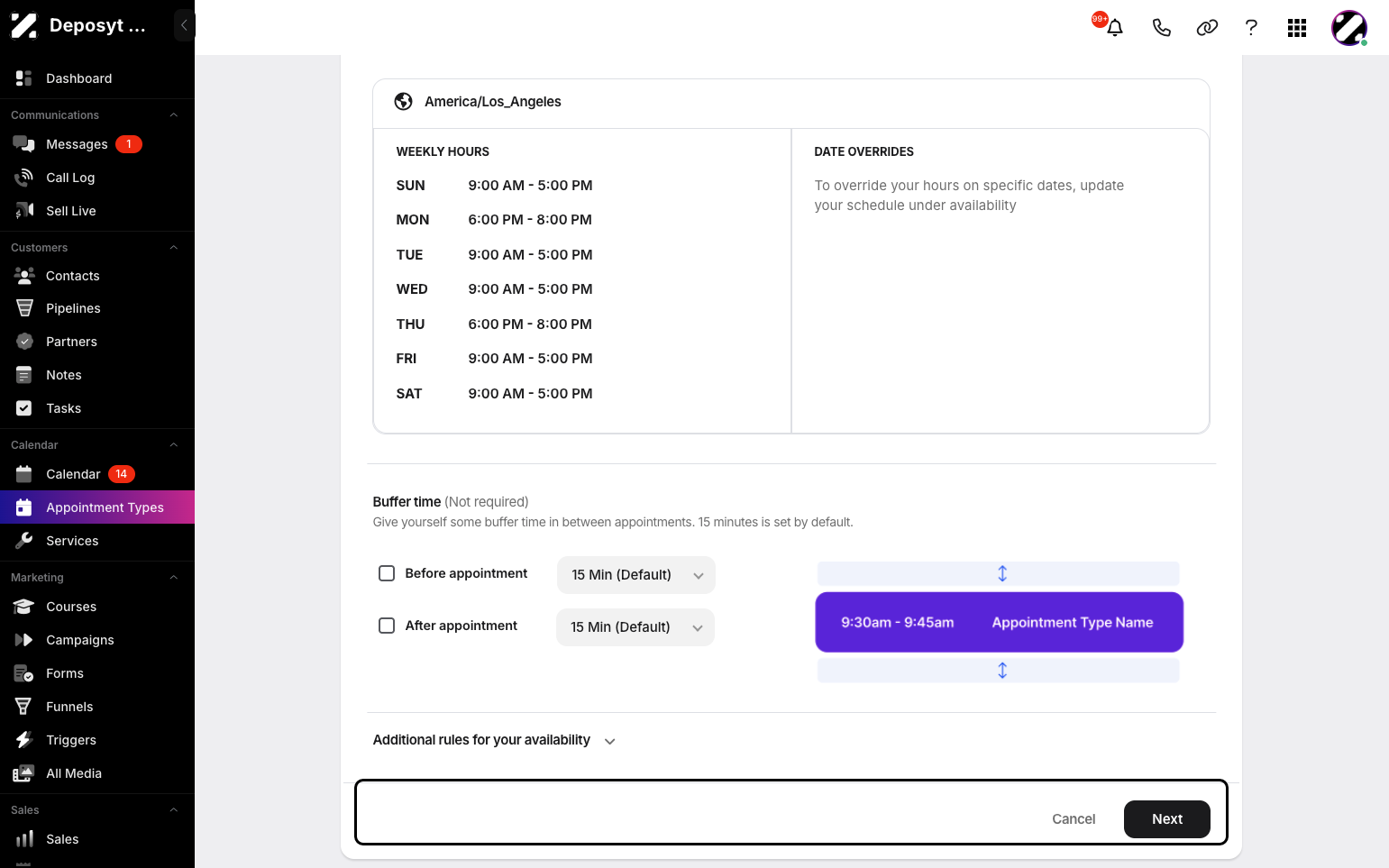 Step 8: Continue by setting a buffer time before or after the appointment. You can also add additional rules for your availability. When done, click Next.