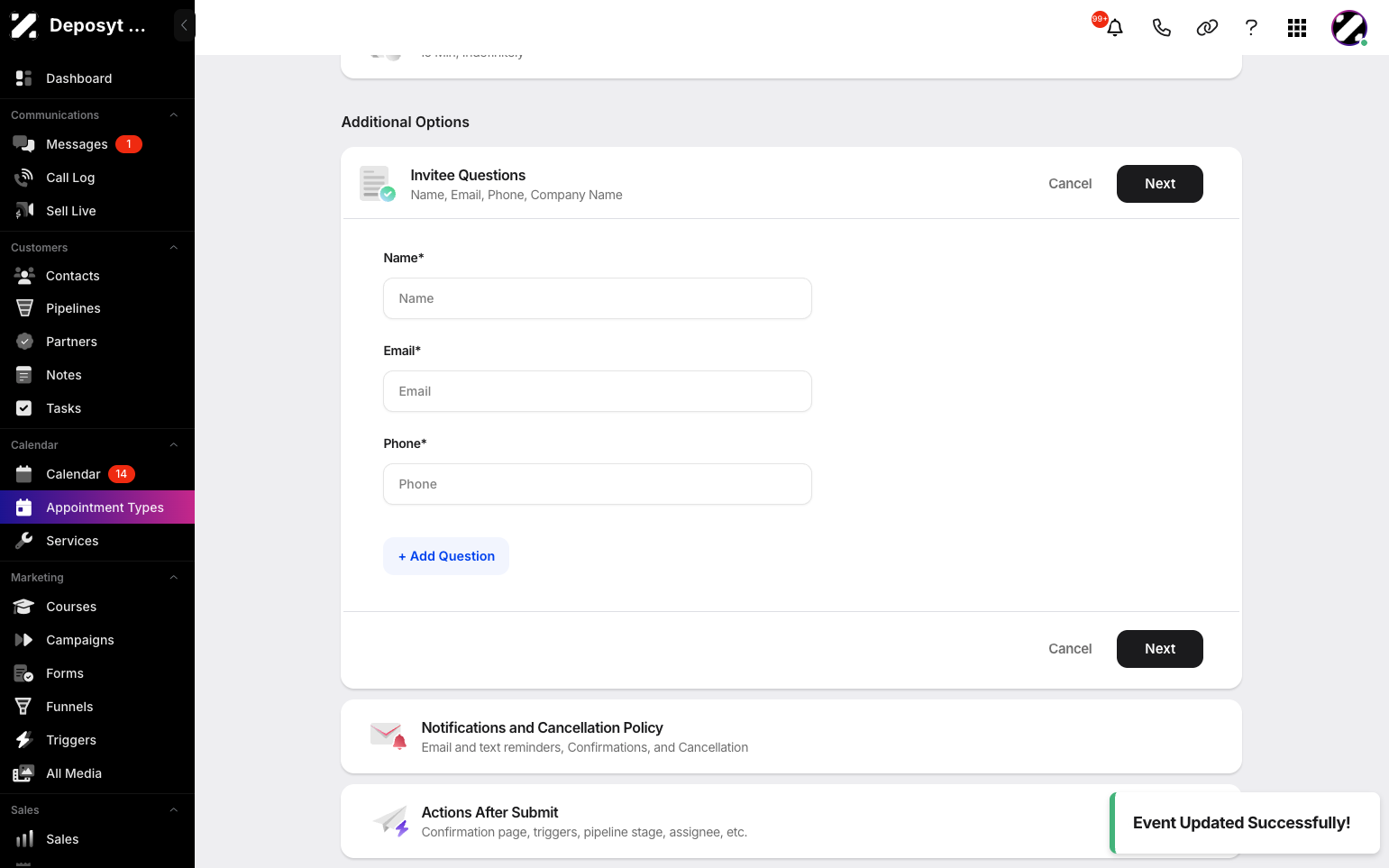 Step 9: There are additional options, such as Invitee Questions or adding your own custom questions. Click Next when you are done.