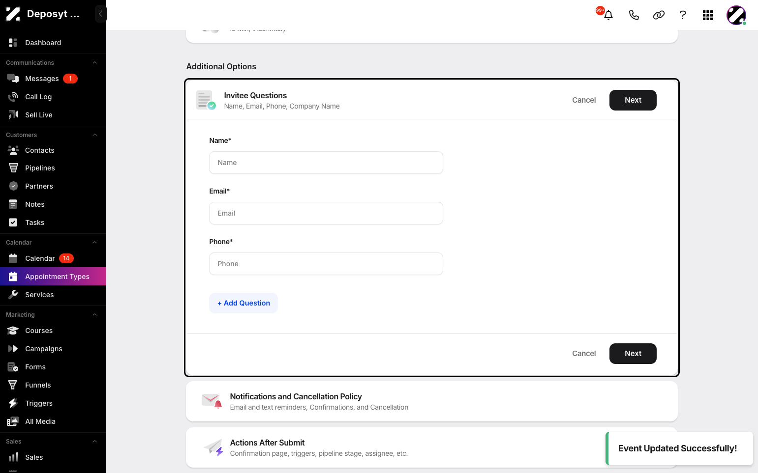 Step 9: There are additional options, such as Invitee Questions or adding your own custom questions. Click Next when you are done.