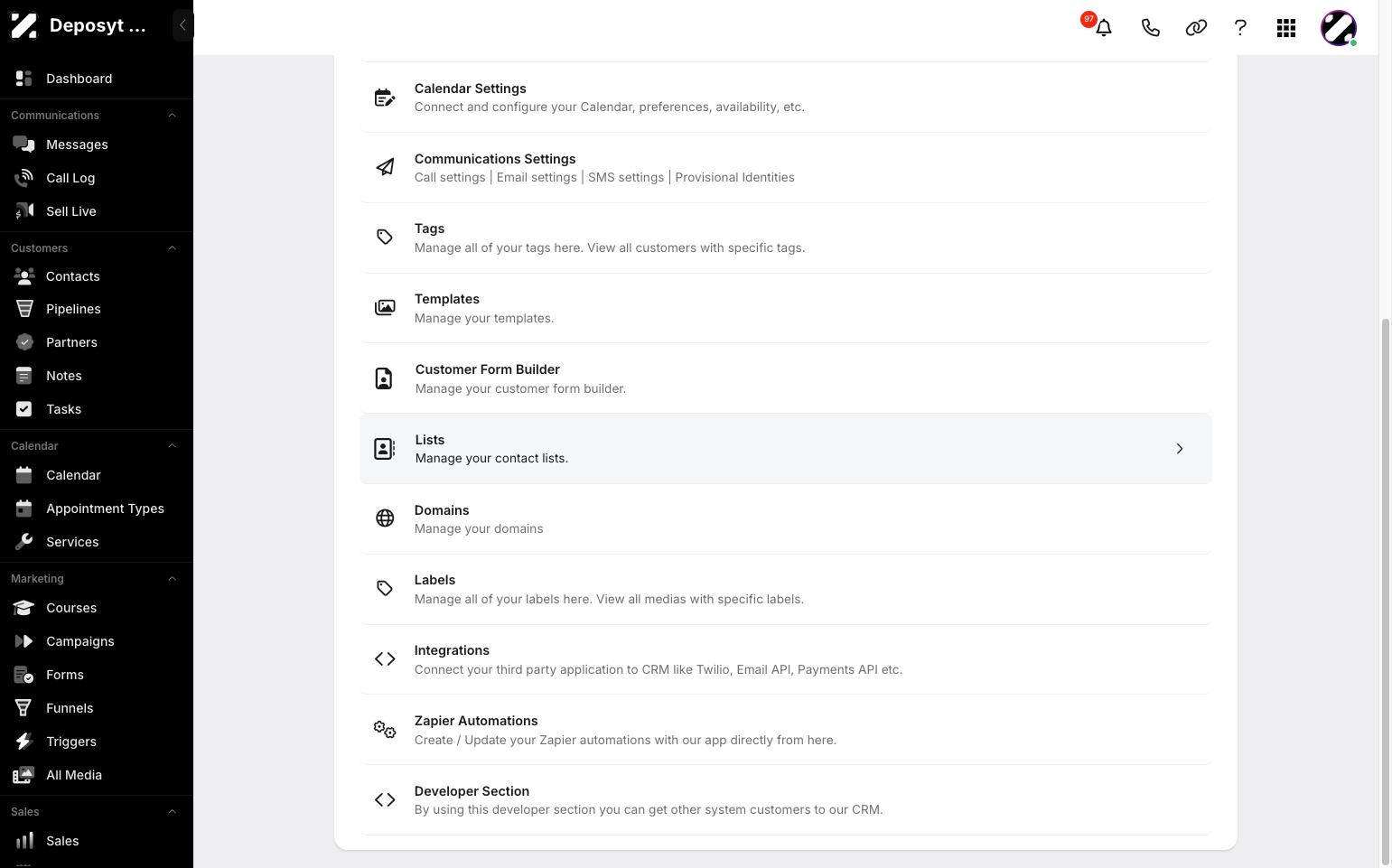 Step 3: You will then be taken to the Settings page. Click on Lists to continue.