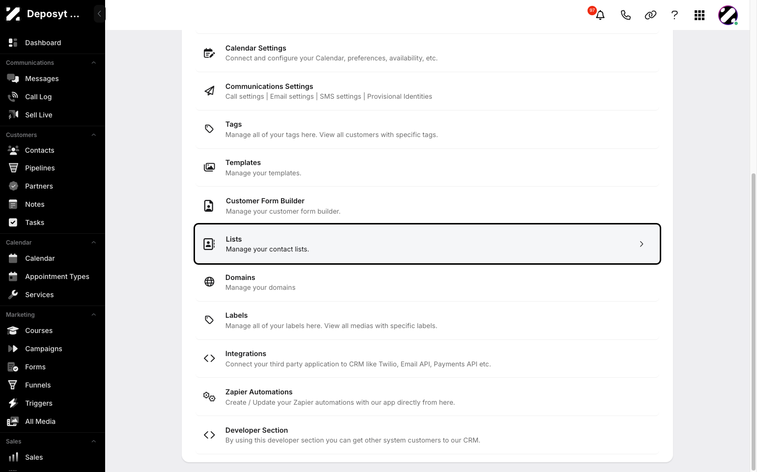 Step 3: You will then be taken to the Settings page. Click on Lists to continue.