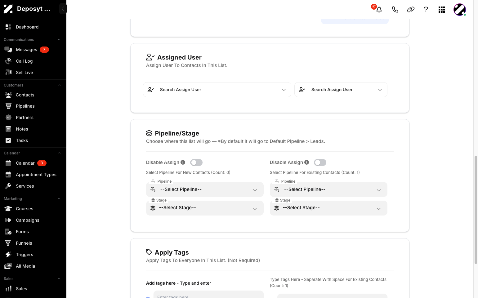 Step 12: You can also choose which pipeline stage the list will be assigned to.