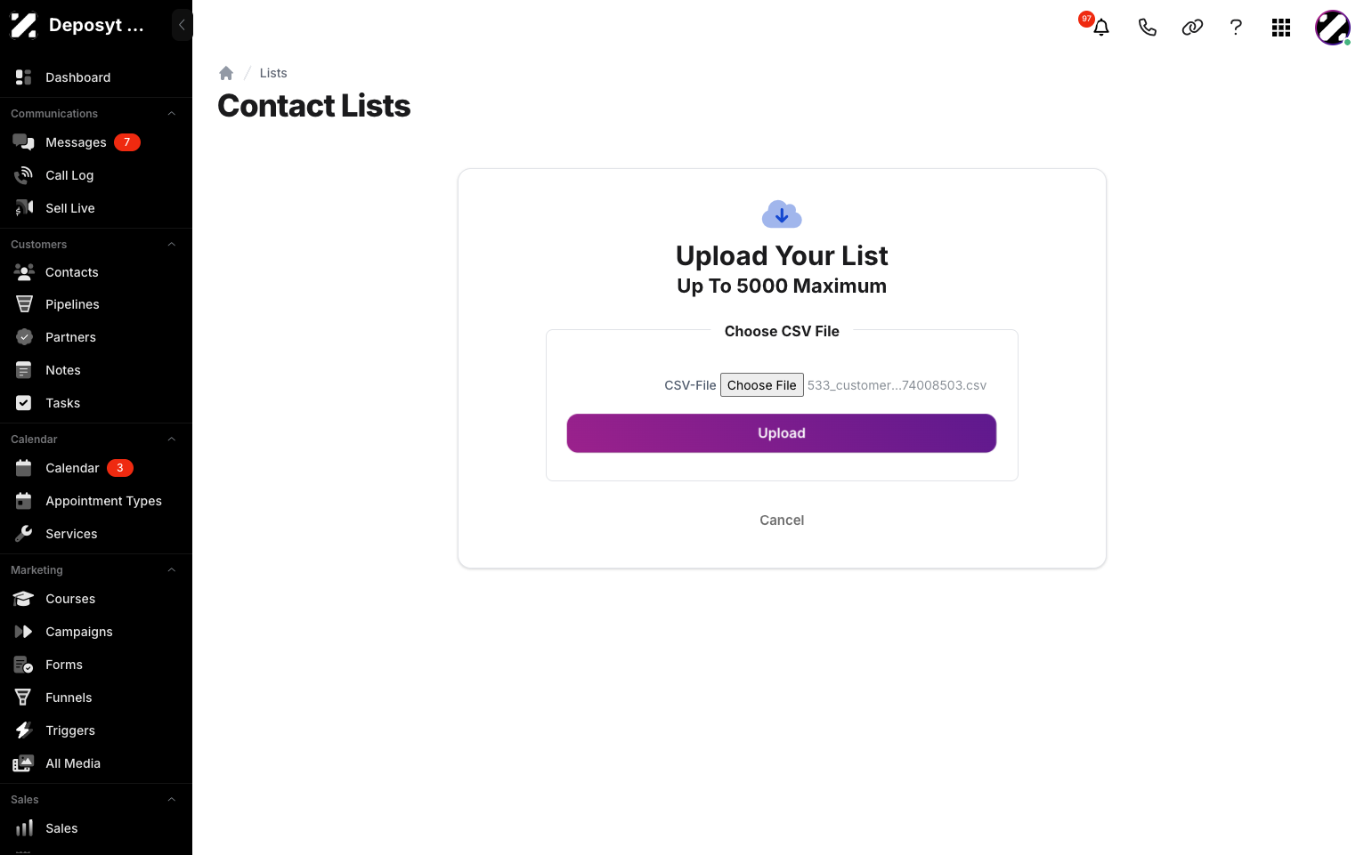 Step 8: Choose your CSV file and click the Upload button.