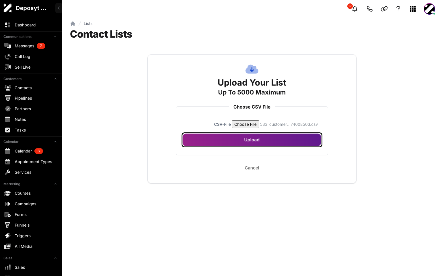 Step 8: Choose your CSV file and click the Upload button.