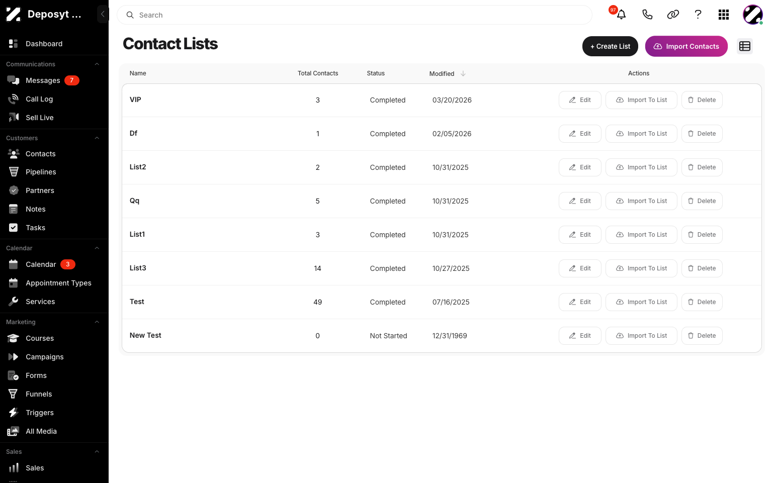 Step 5:  To import contacts to a new list, click the import contacts button.