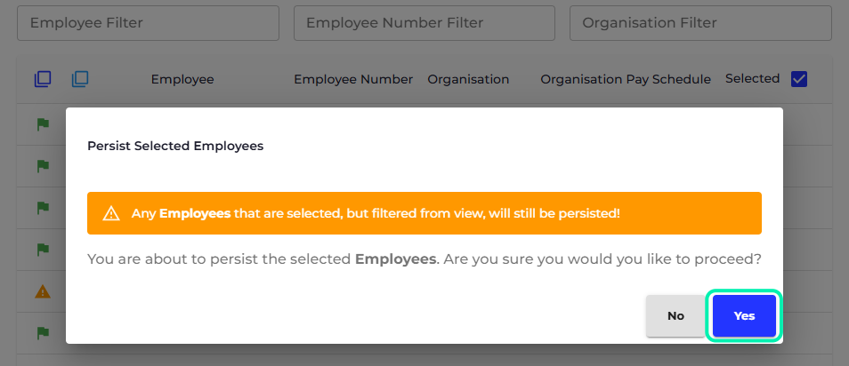 This warning notifies you that even if employee filters are applied at the top of the page, all employee records that are selected will be included in the sync process.