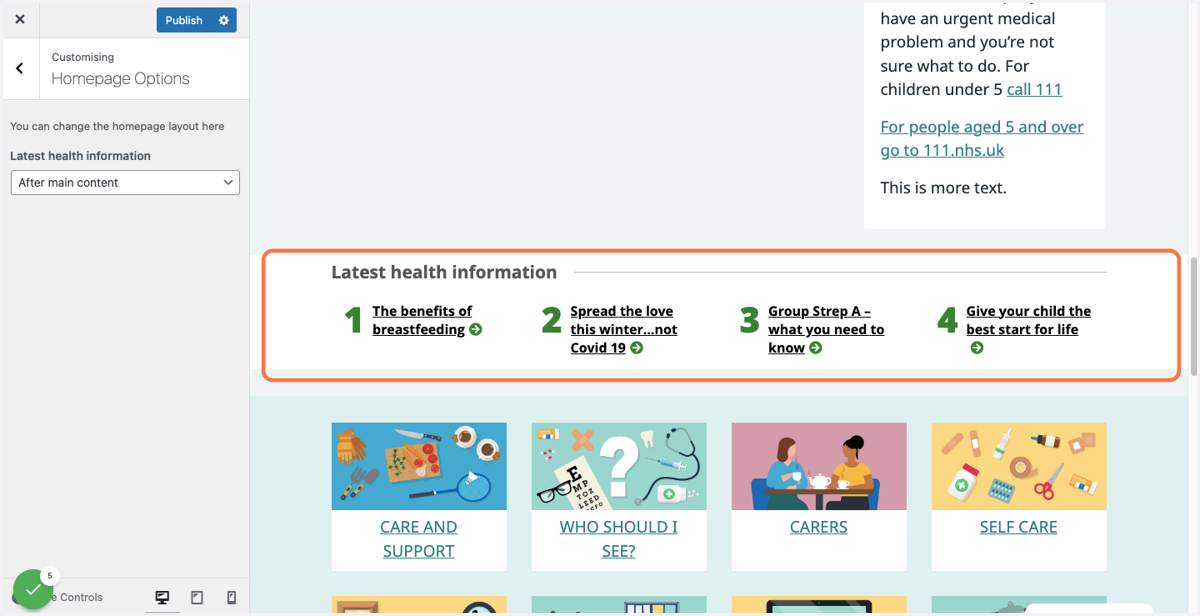 Latest health information banner displayed below Welcome box (After main content)