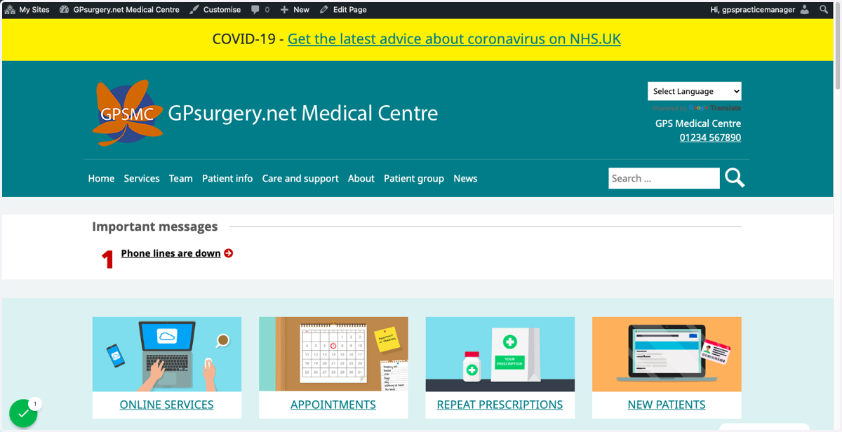 The Home page of a GPsurgery.net website, with the admin toolbar visible at the top of the screen.