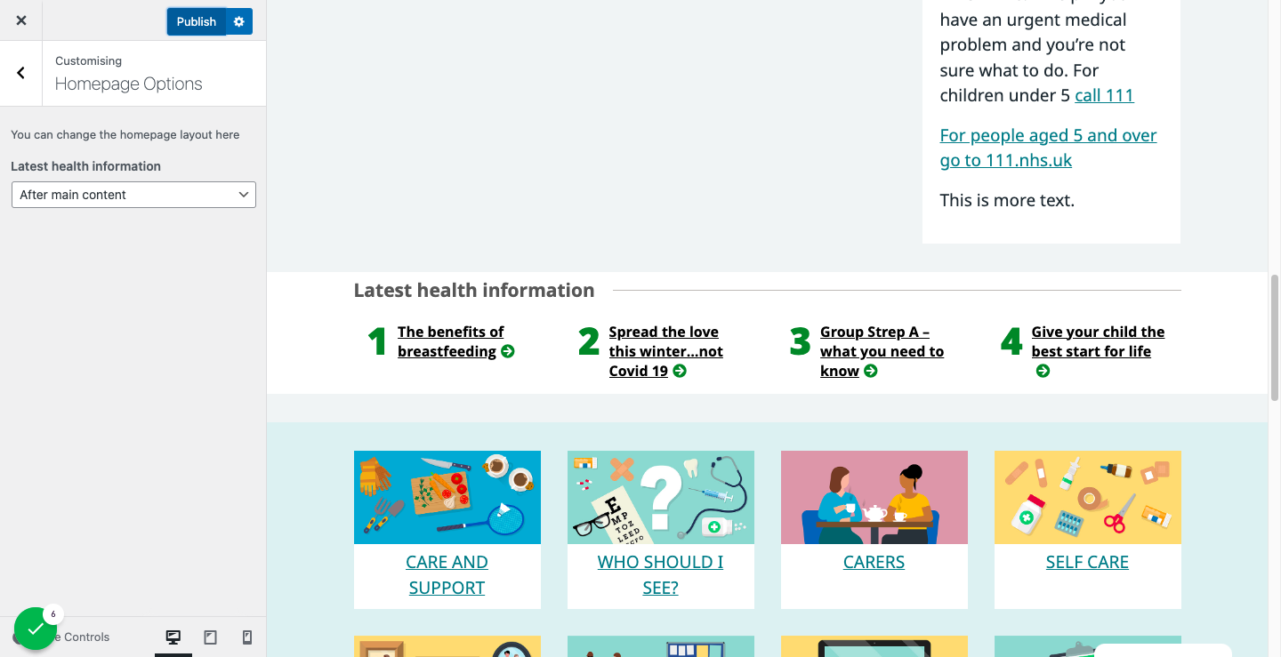 The Publish button at the top of the Customiser menu box
