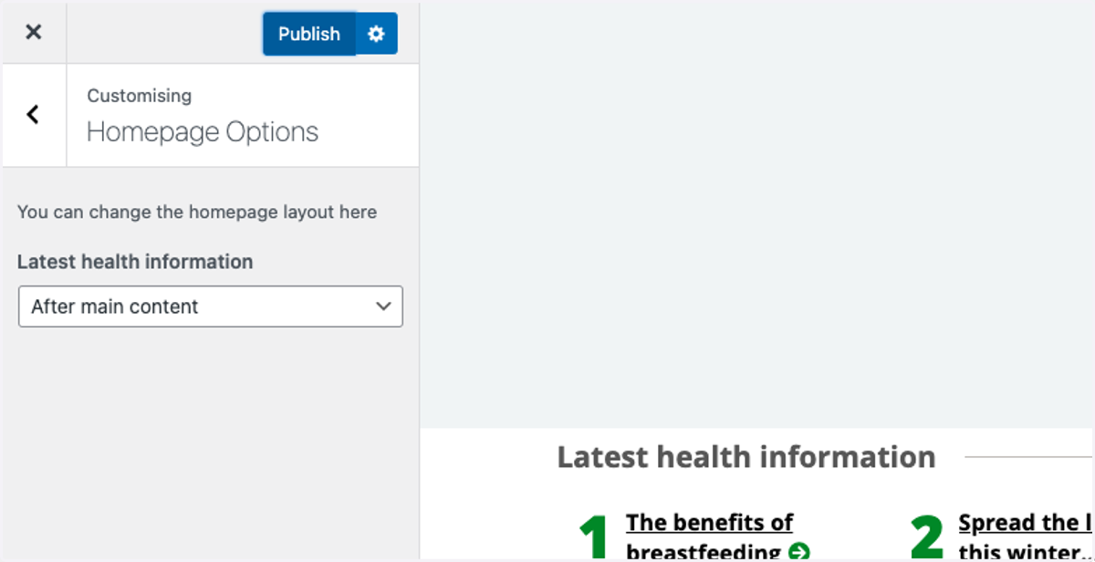 The Publish button at the top of the Customiser menu box
