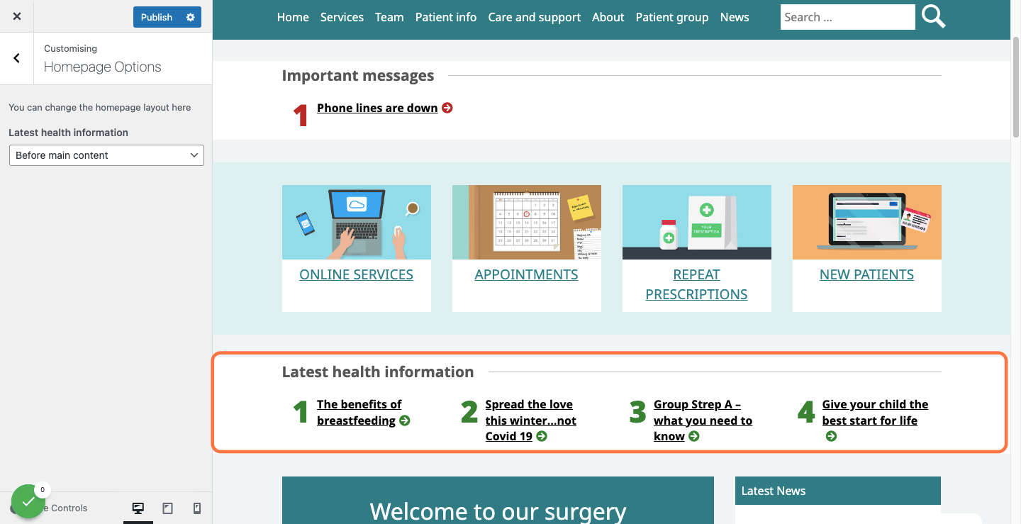 Latest health information banner displayed above welcome box (Before main content)