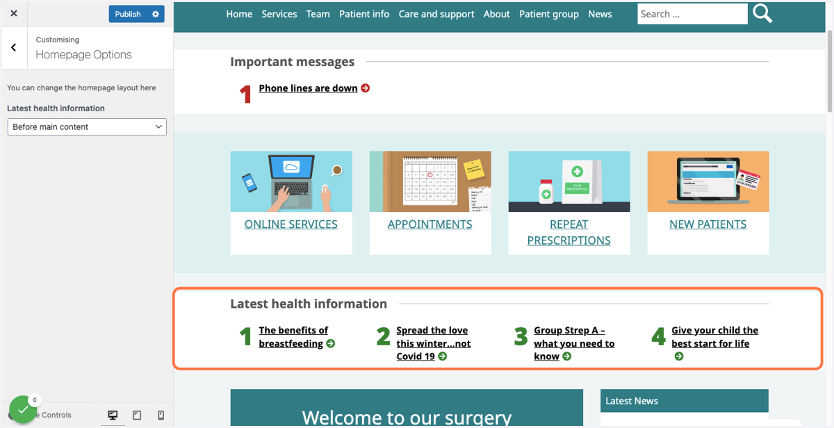 Latest health information banner displayed above welcome box (Before main content)
