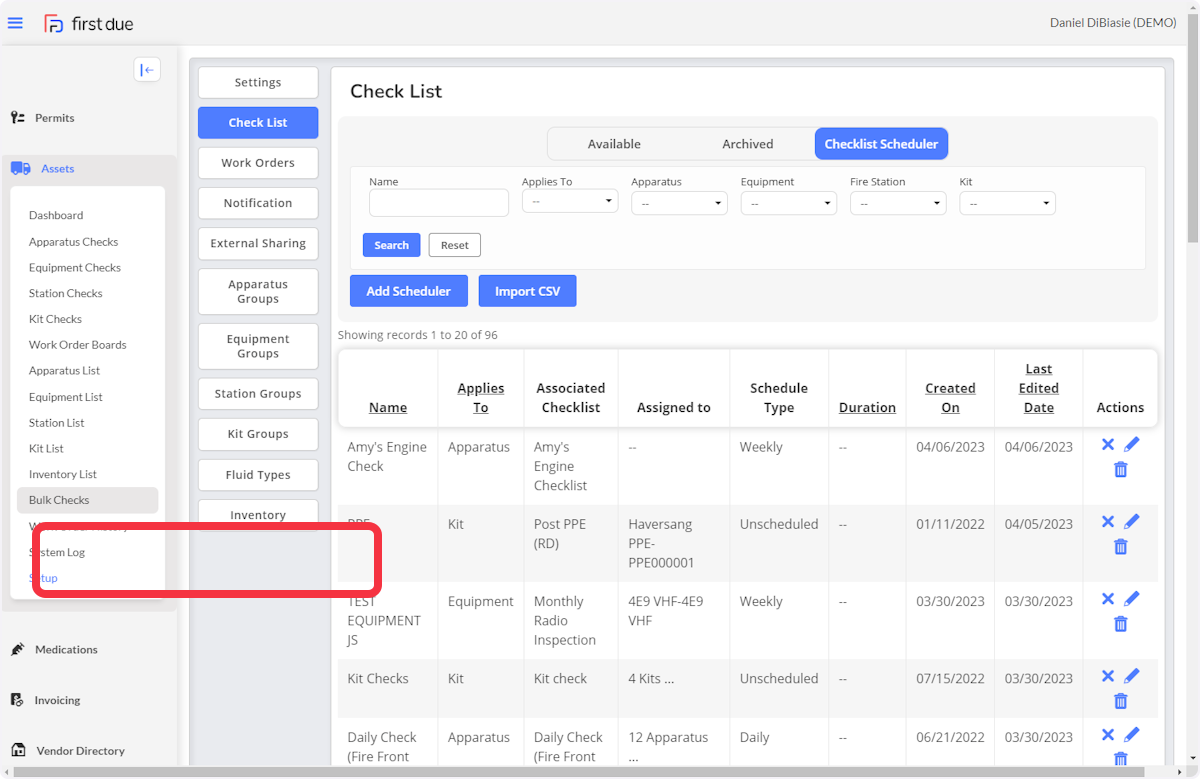 To perform a bulk check, click on Bulk Checks in the Assets module dropdown.