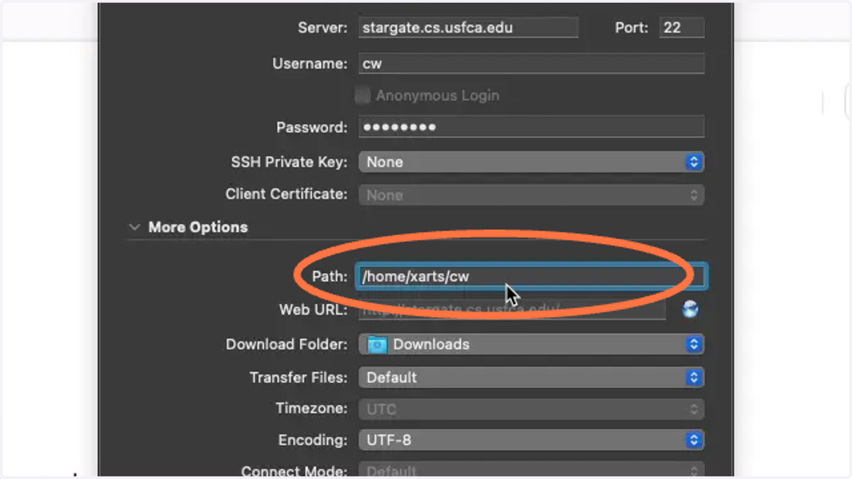 Next, enter the path to your home folder on the server /home/xarts/ **your USF username*