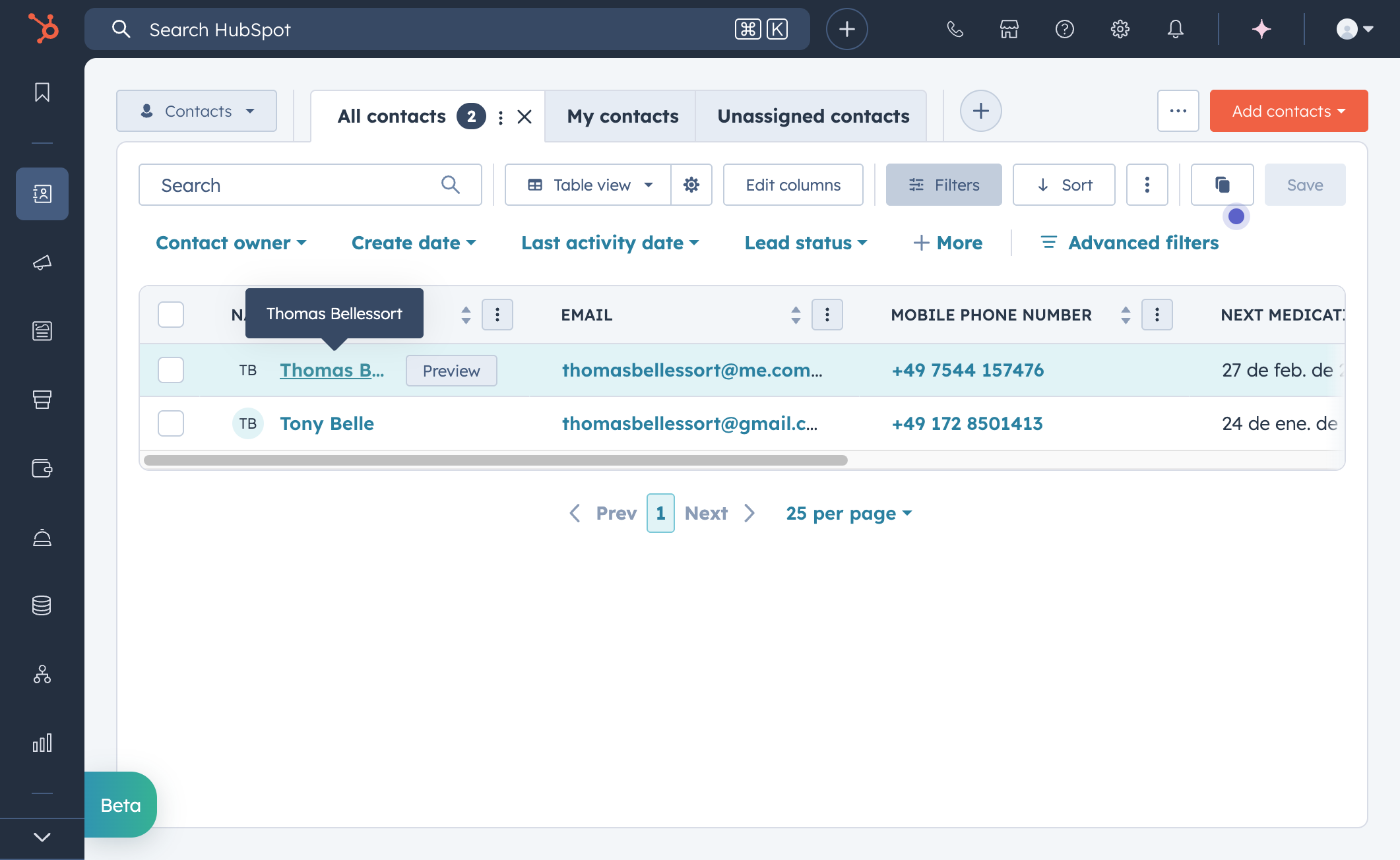 Einzelne Kontakte anzeigen, indem Sie deren Namen auswählen.