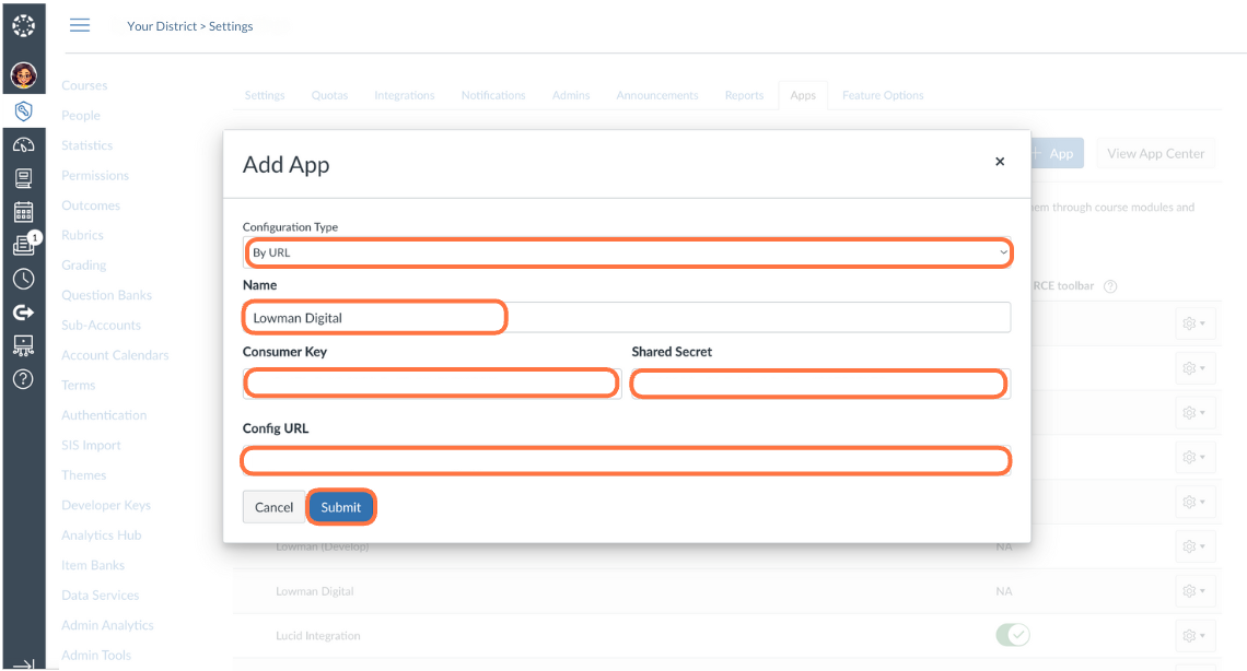 In the Add App modal: 1. Select By URL from Configuration Type 2. Name your App "Lowman Digital" 3. Enter the Consumer Key 4. Enter the Shared Secret 5. Enter the Config URL 6. Click Submit