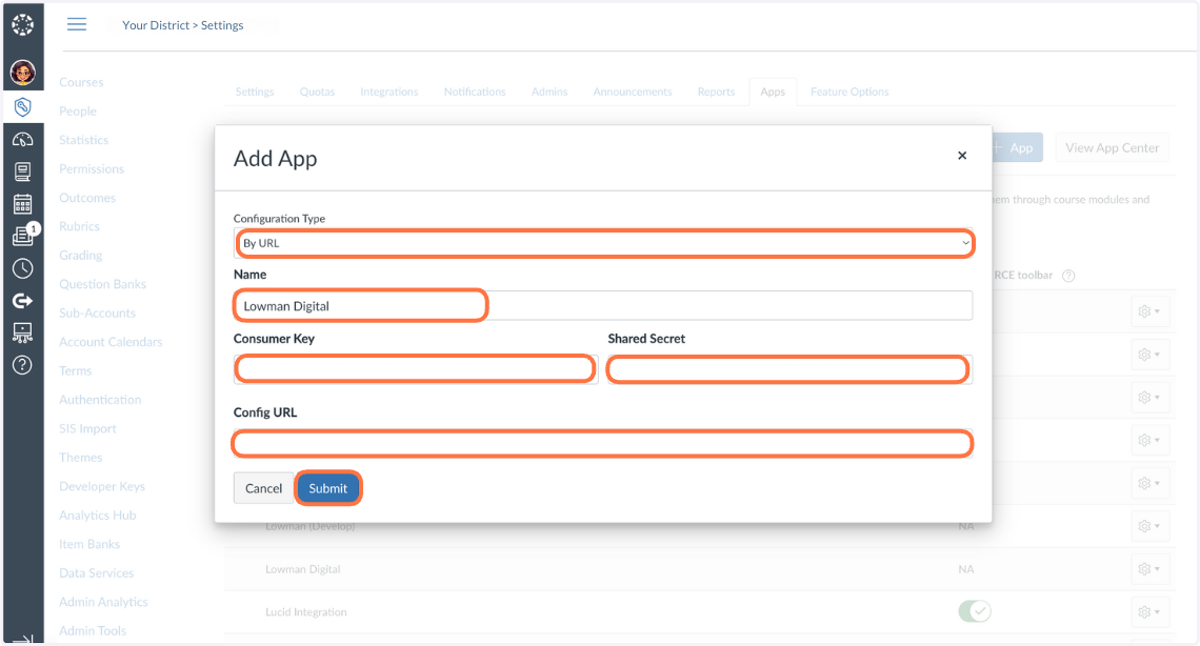 In the Add App modal: 1. Select By URL from Configuration Type 2. Name your App "Lowman Digital" 3. Enter the Consumer Key 4. Enter the Shared Secret 5. Enter the Config URL 6. Click Submit