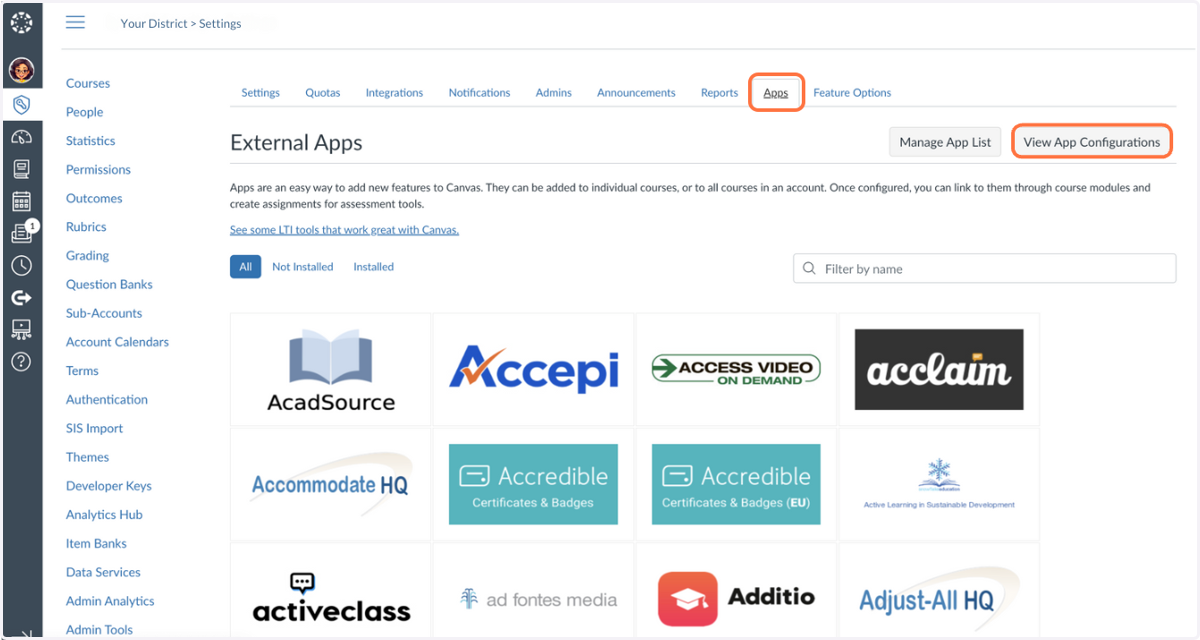 Select the Apps tab and then click View App Configurations