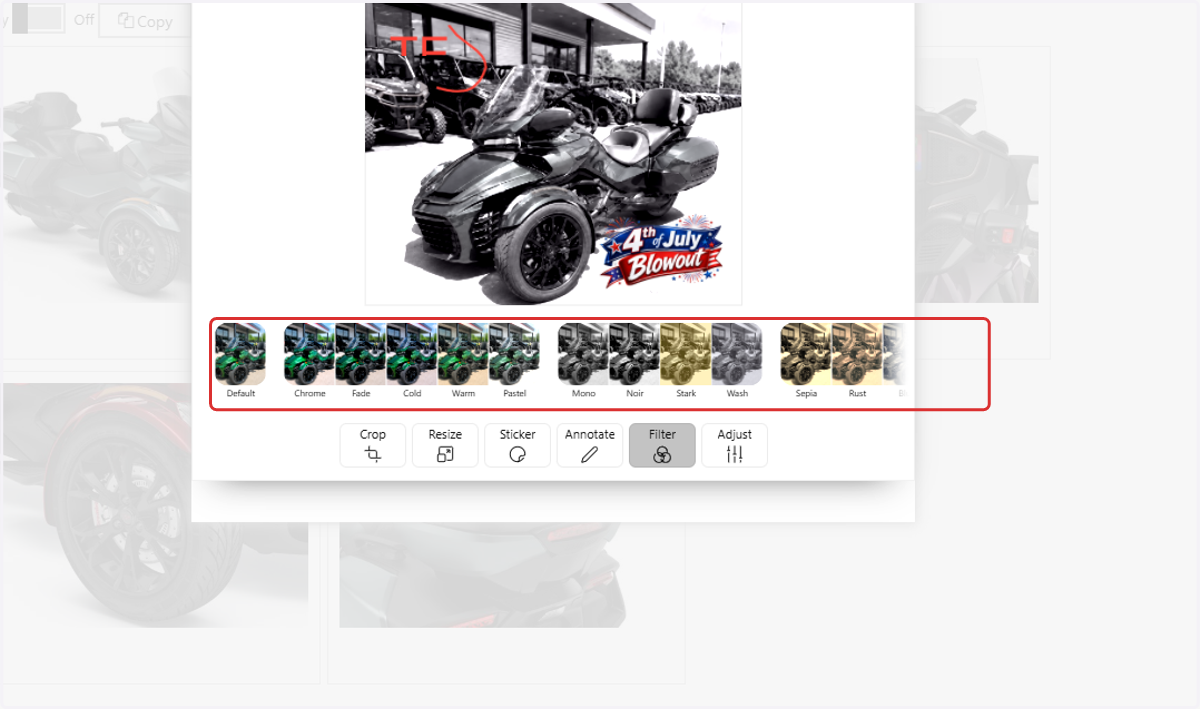 Choose Filter to apply a preset look to the entire image.