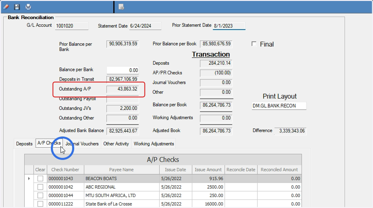 A/P Checks: check off all cleared checks from the bank statement
