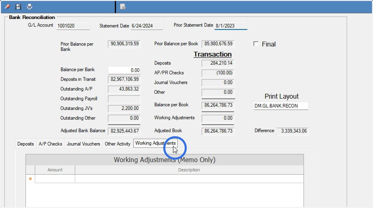 Working Adjustments: this tab is for any bank charges that need an entry created